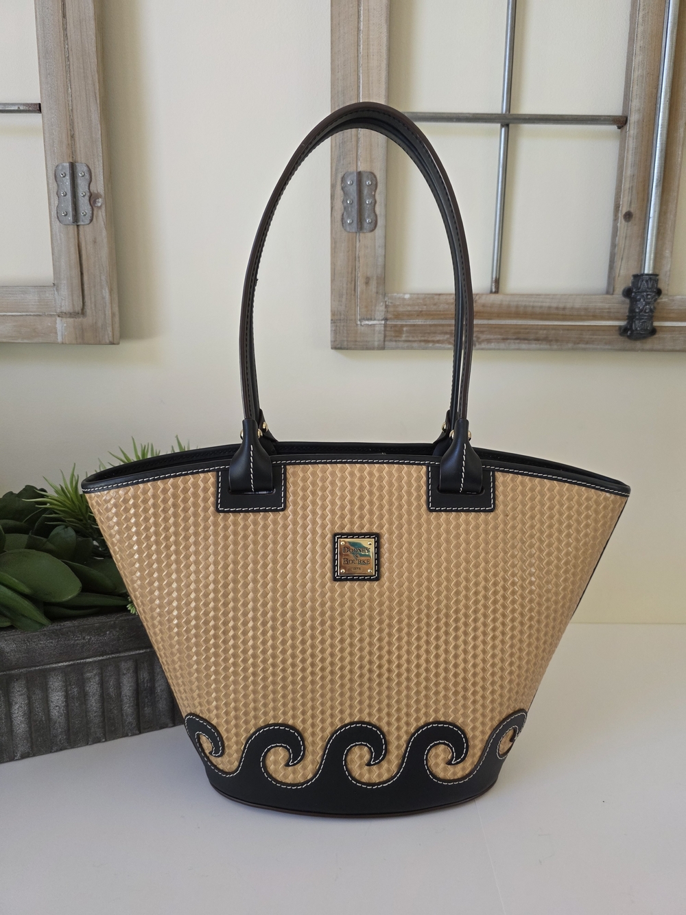 Dooney & Bourke Black Trim Tan Woven Tote Bag - Picture 13 of 13